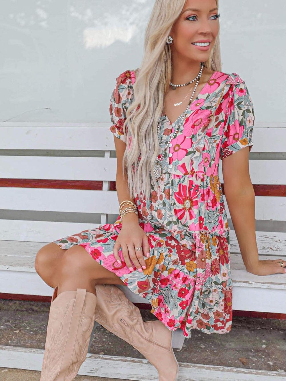 Floral Patchwork Frill Tiered Shift Dress with Vibrant Colors