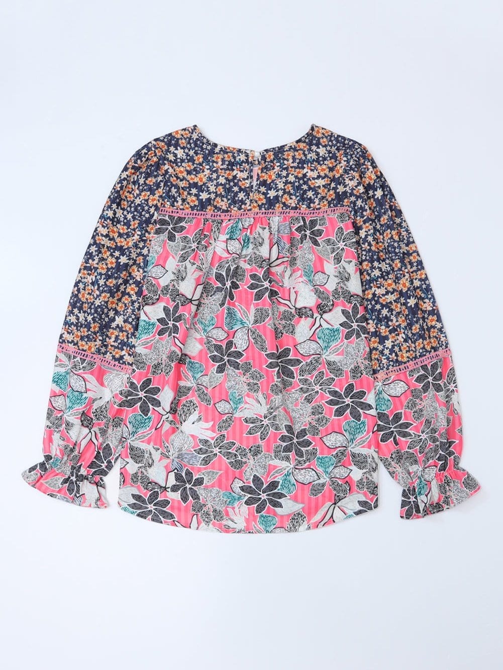 Floral Patchwork Sheath Blouse with Bubble Sleeves