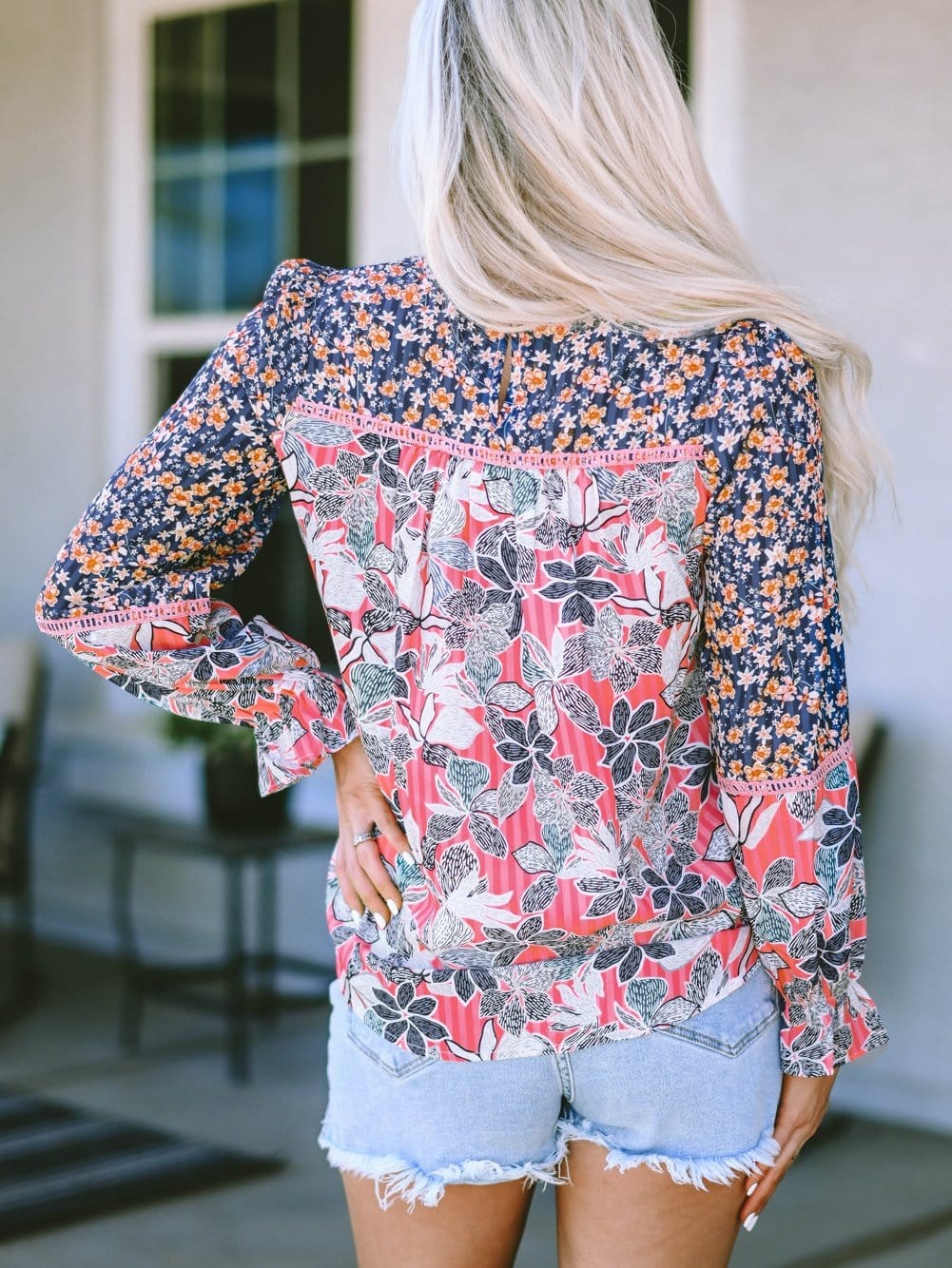Floral Patchwork Sheath Blouse with Bubble Sleeves