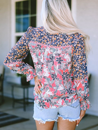 Floral Patchwork Sheath Blouse with Bubble Sleeves