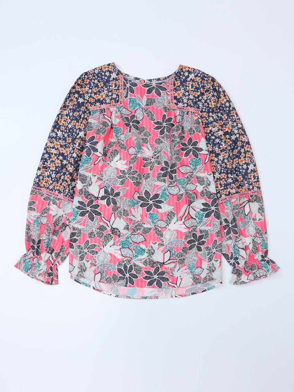Floral Patchwork Sheath Blouse with Bubble Sleeves
