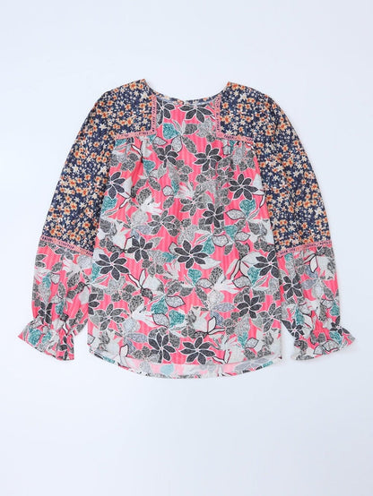 Floral Patchwork Sheath Blouse with Bubble Sleeves