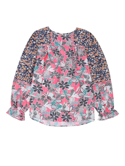 Floral Patchwork Sheath Blouse with Bubble Sleeves