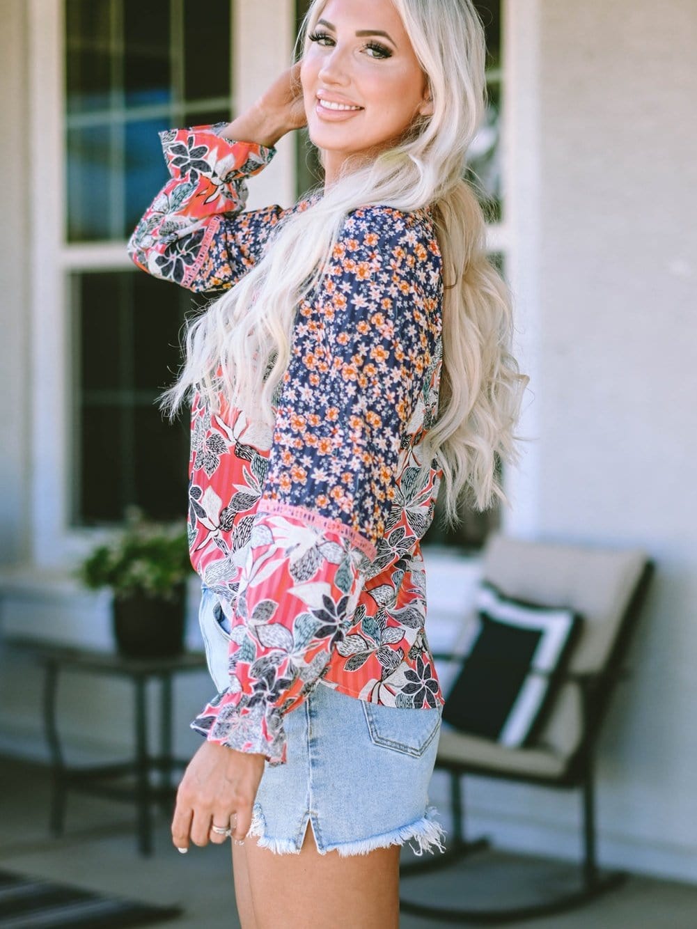 Floral Patchwork Sheath Blouse with Bubble Sleeves