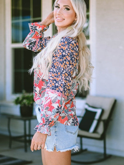 Floral Patchwork Sheath Blouse with Bubble Sleeves