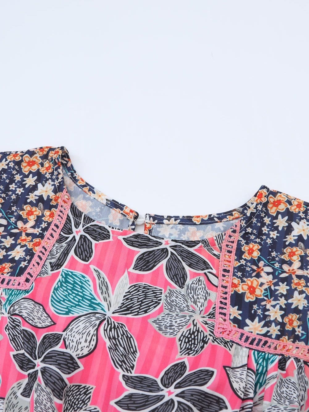 Floral Patchwork Sheath Blouse with Bubble Sleeves