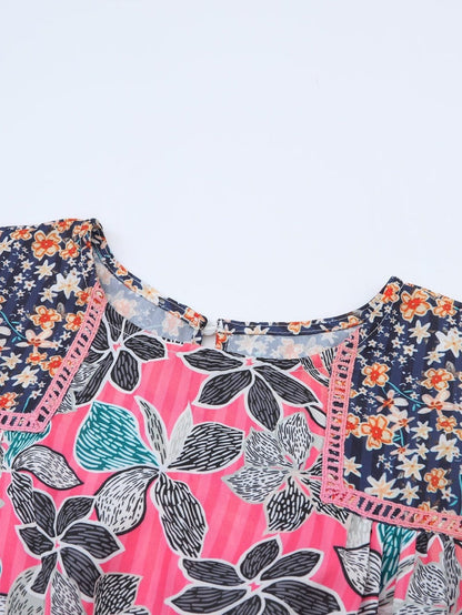Floral Patchwork Sheath Blouse with Bubble Sleeves