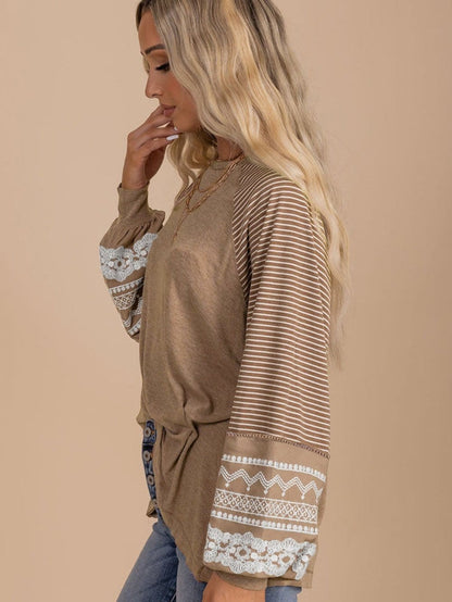 Floral Patchwork Striped French Beige Loose Top with Long Sleeves