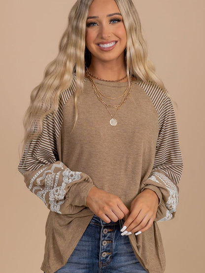 Floral Patchwork Striped French Beige Loose Top with Long Sleeves