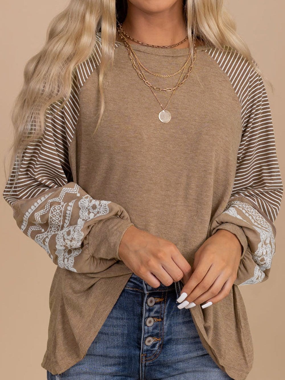 Floral Patchwork Striped French Beige Loose Top with Long Sleeves