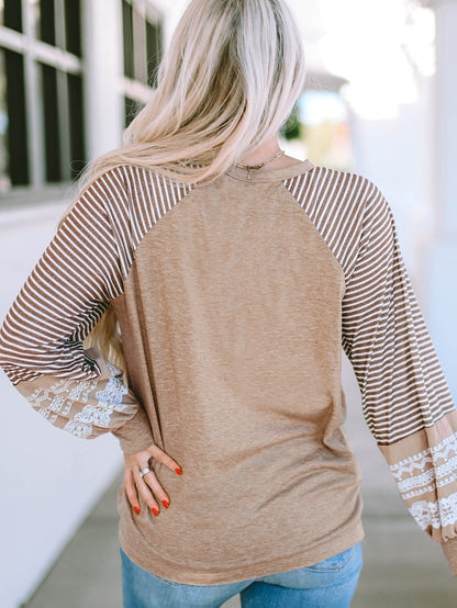 Floral Patchwork Striped French Beige Loose Top with Long Sleeves