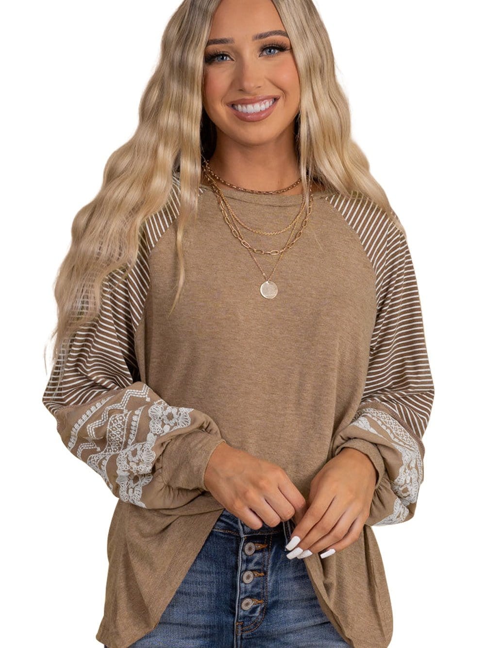 Floral Patchwork Striped French Beige Loose Top with Long Sleeves