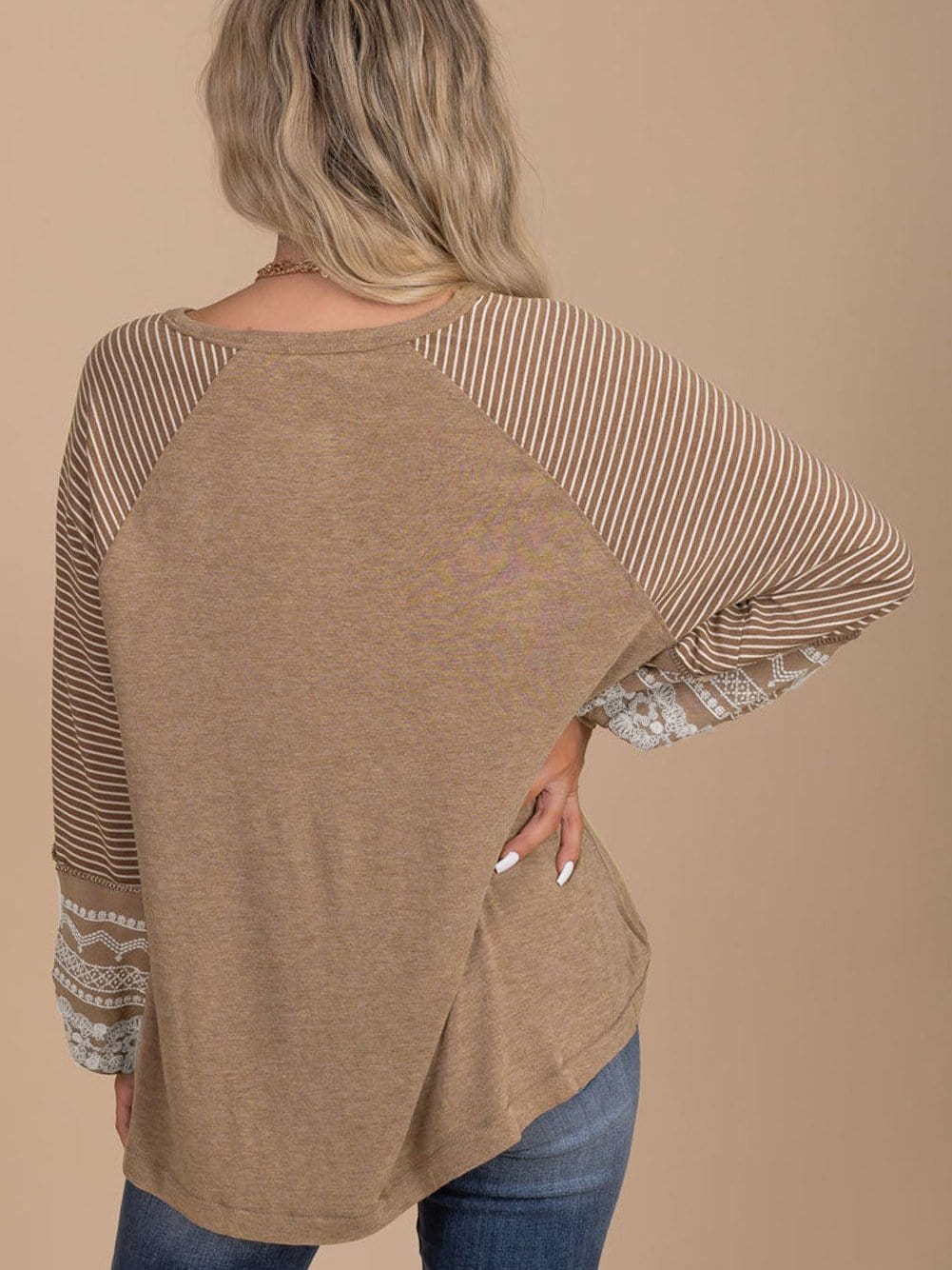 Floral Patchwork Striped French Beige Loose Top with Long Sleeves