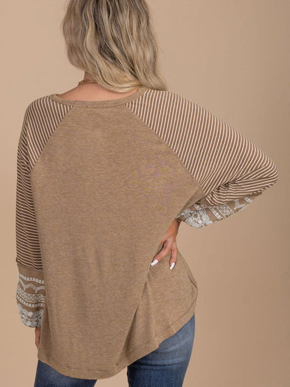 Floral Patchwork Striped French Beige Loose Top with Long Sleeves