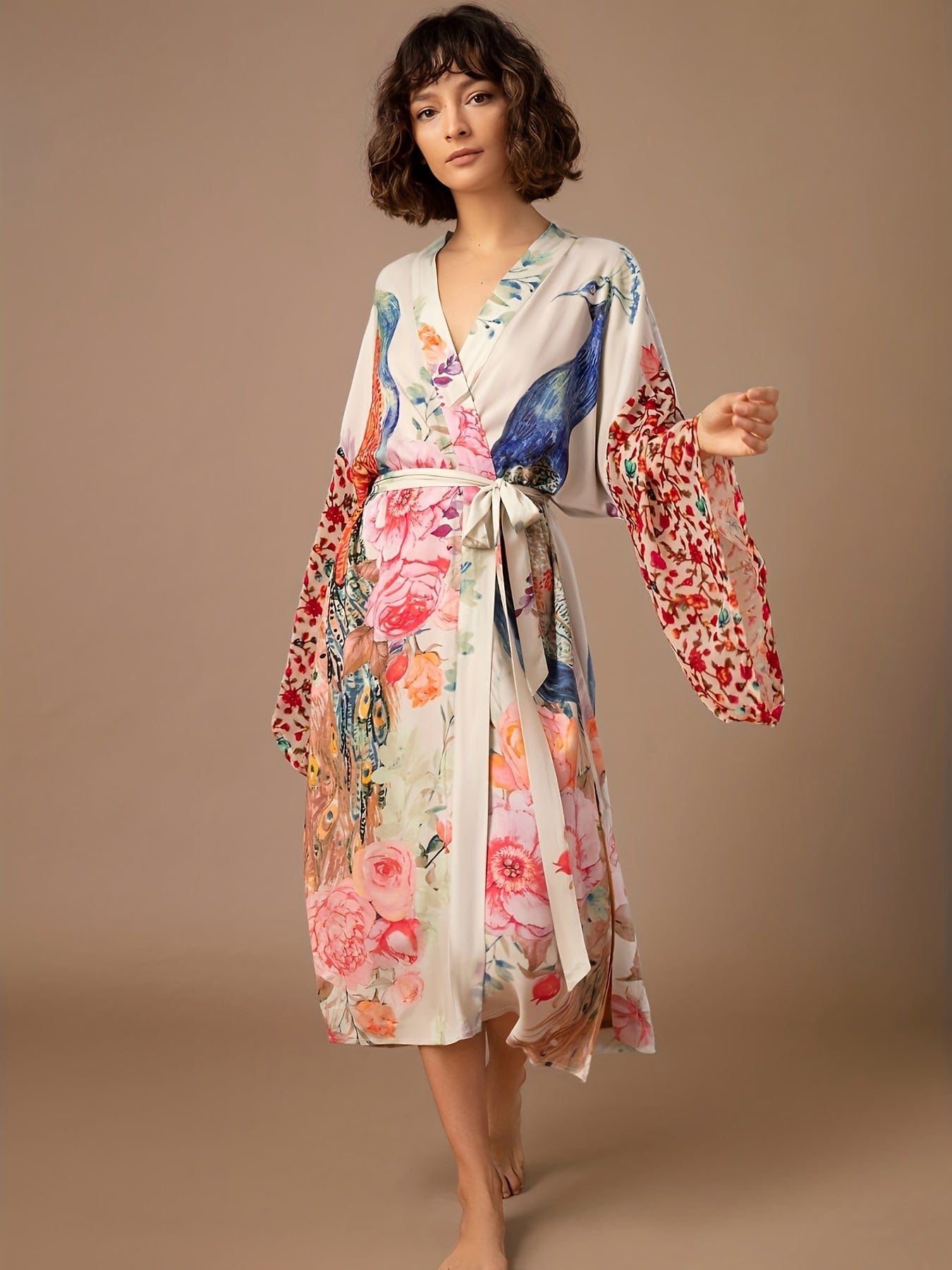 Floral Peacock Print Long Sleeve Loose Swim Robe Beach Cover Up Coat