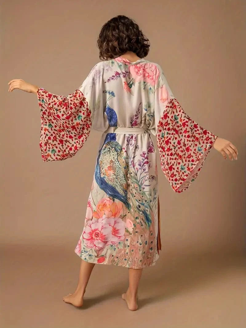 Floral Peacock Print Long Sleeve Loose Swim Robe Beach Cover Up Coat