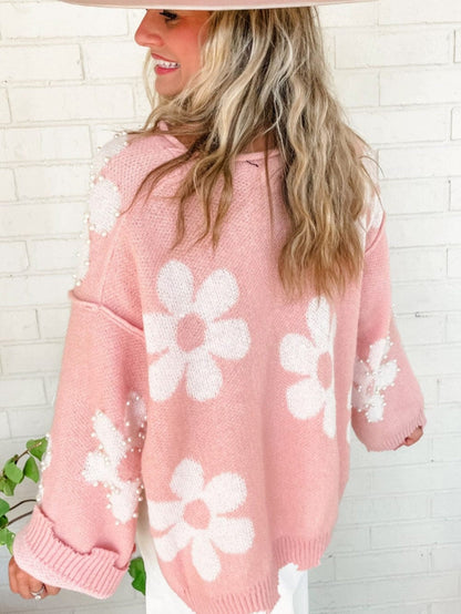 Floral Pearl Embellished Drop Shoulder Multicolor Sweater