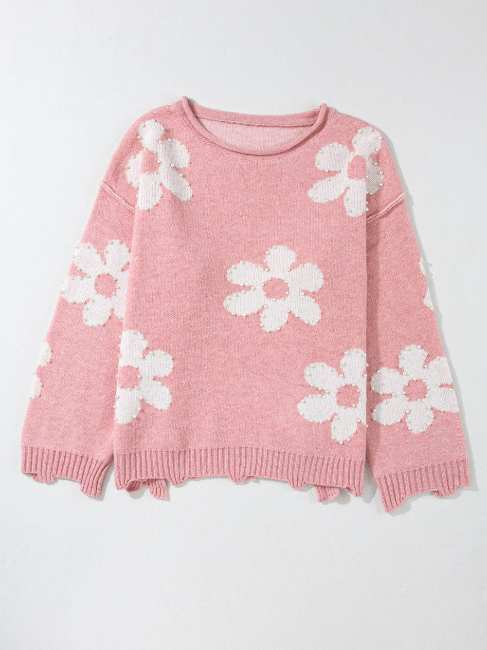 Floral Pearl Embellished Drop Shoulder Multicolor Sweater