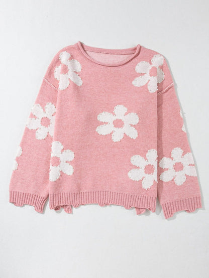 Floral Pearl Embellished Drop Shoulder Multicolor Sweater