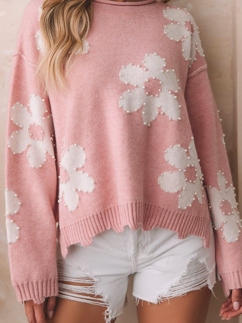Floral Pearl Embellished Drop Shoulder Multicolor Sweater