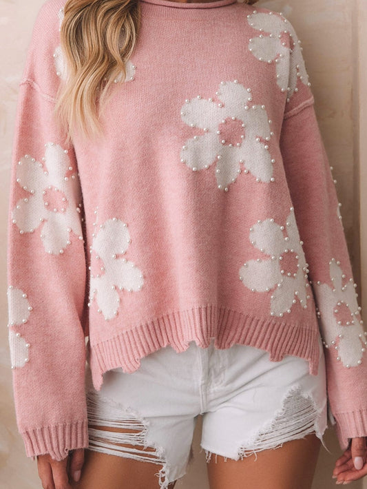 Floral Pearl Embellished Drop Shoulder Multicolor Sweater