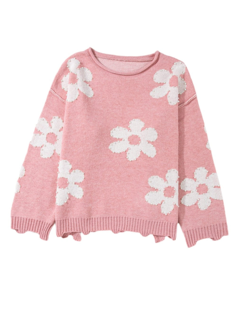 Floral Pearl Embellished Drop Shoulder Multicolor Sweater