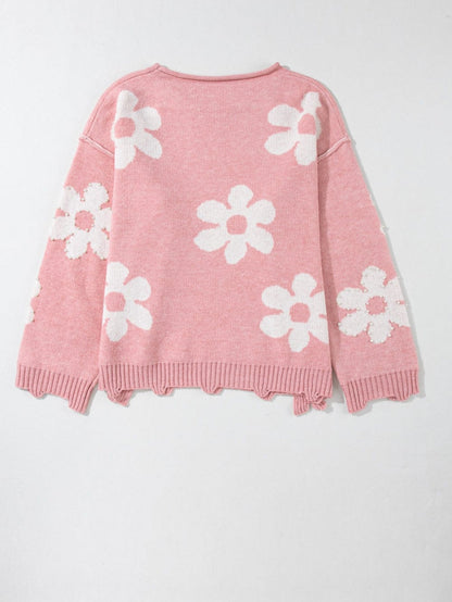 Floral Pearl Embellished Drop Shoulder Multicolor Sweater