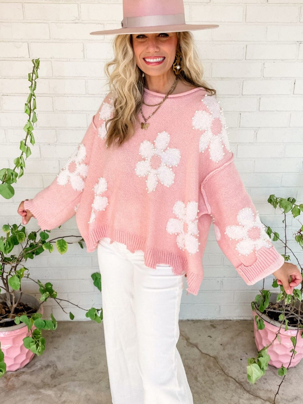 Floral Pearl Embellished Drop Shoulder Multicolor Sweater