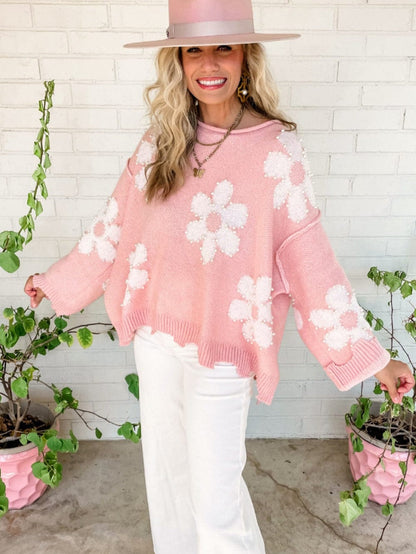 Floral Pearl Embellished Drop Shoulder Multicolor Sweater