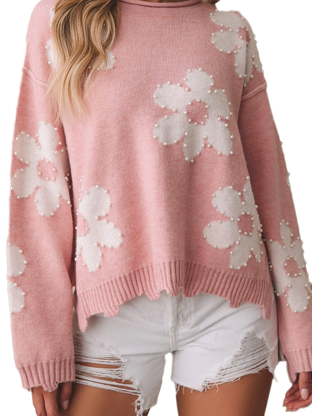 Floral Pearl Embellished Drop Shoulder Multicolor Sweater