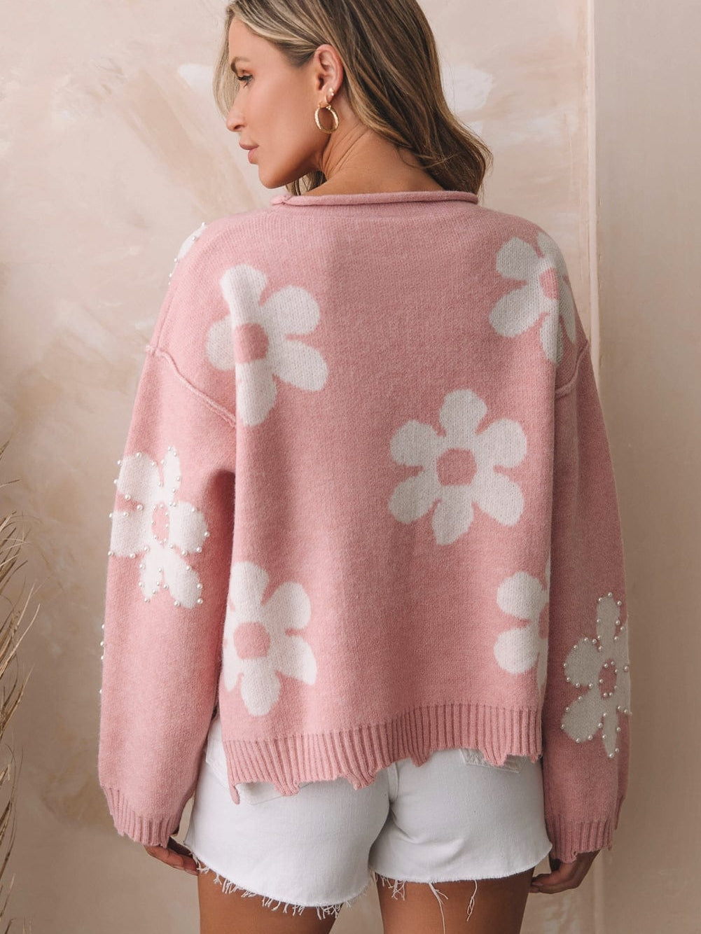Floral Pearl Embellished Drop Shoulder Multicolor Sweater