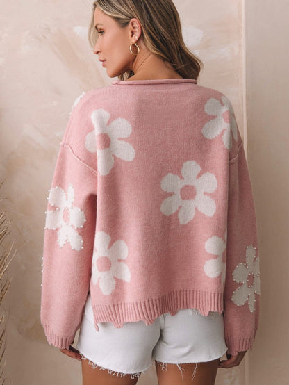 Floral Pearl Embellished Drop Shoulder Multicolor Sweater