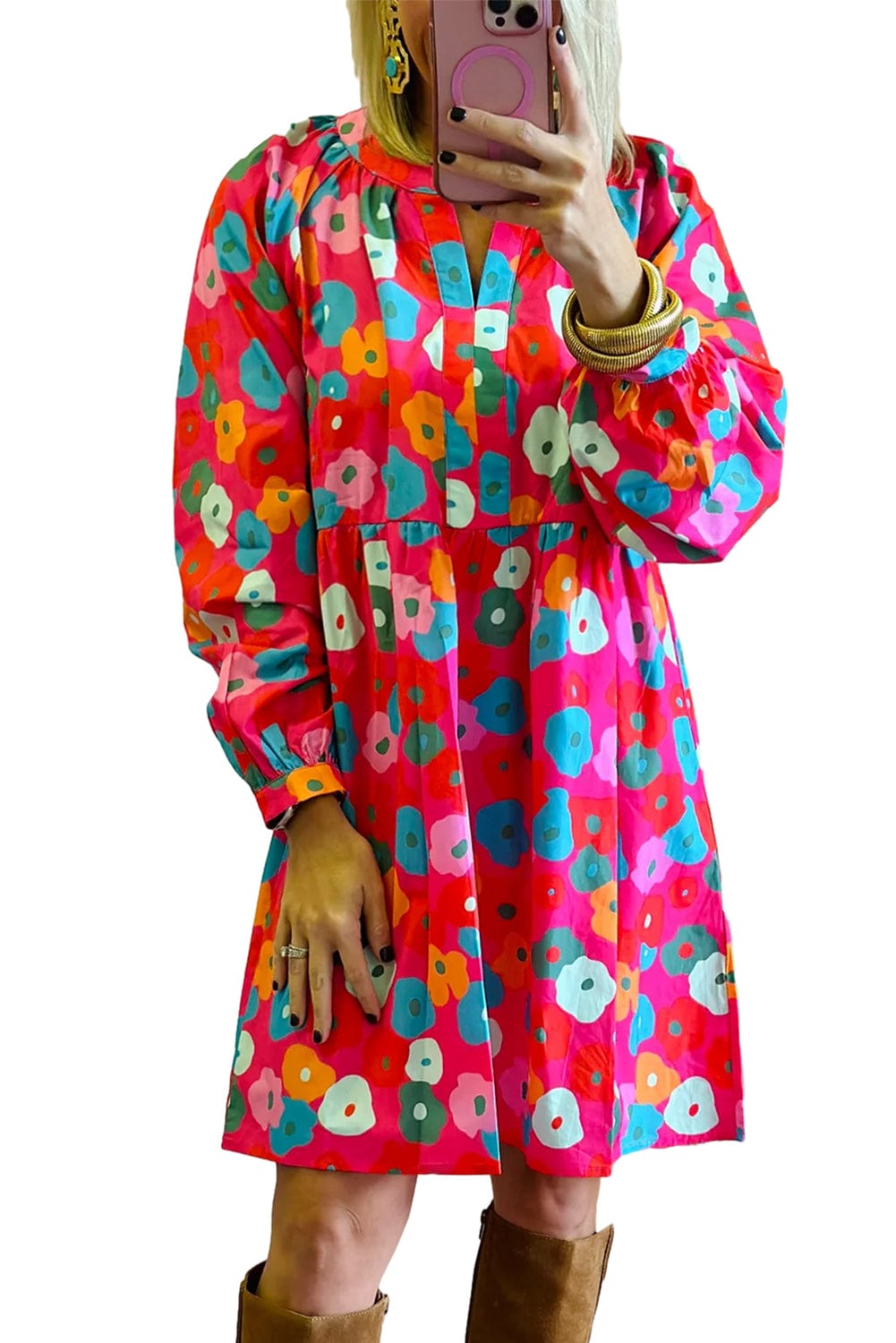 Floral Pink A-Line V Neck Shift Dress