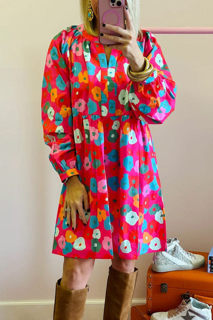 Floral Pink A-Line V Neck Shift Dress