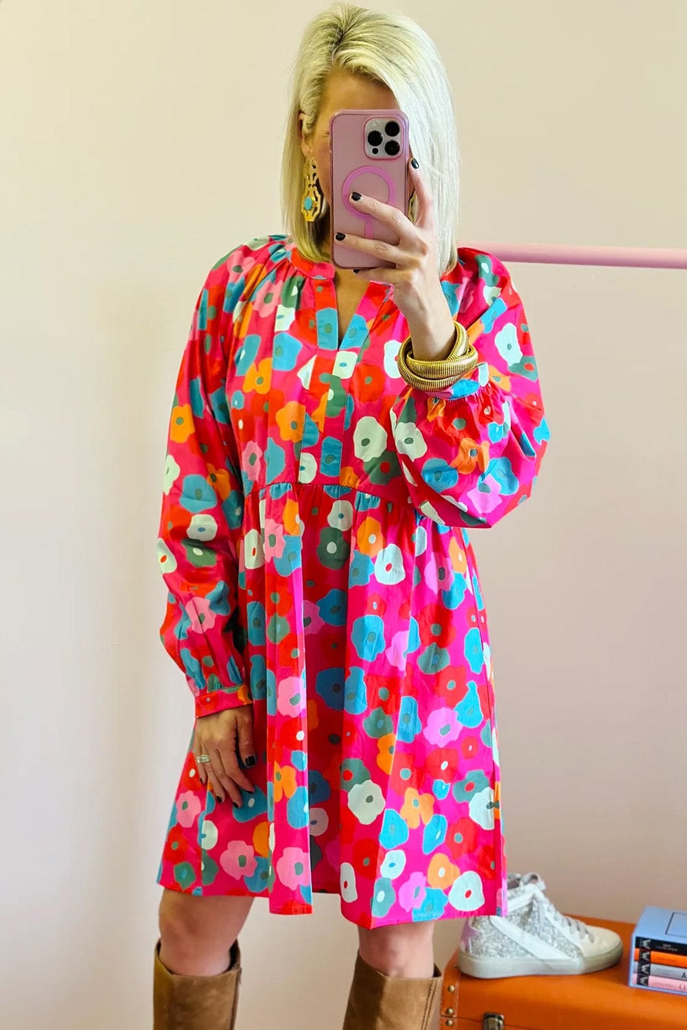 Floral Pink A-Line V Neck Shift Dress