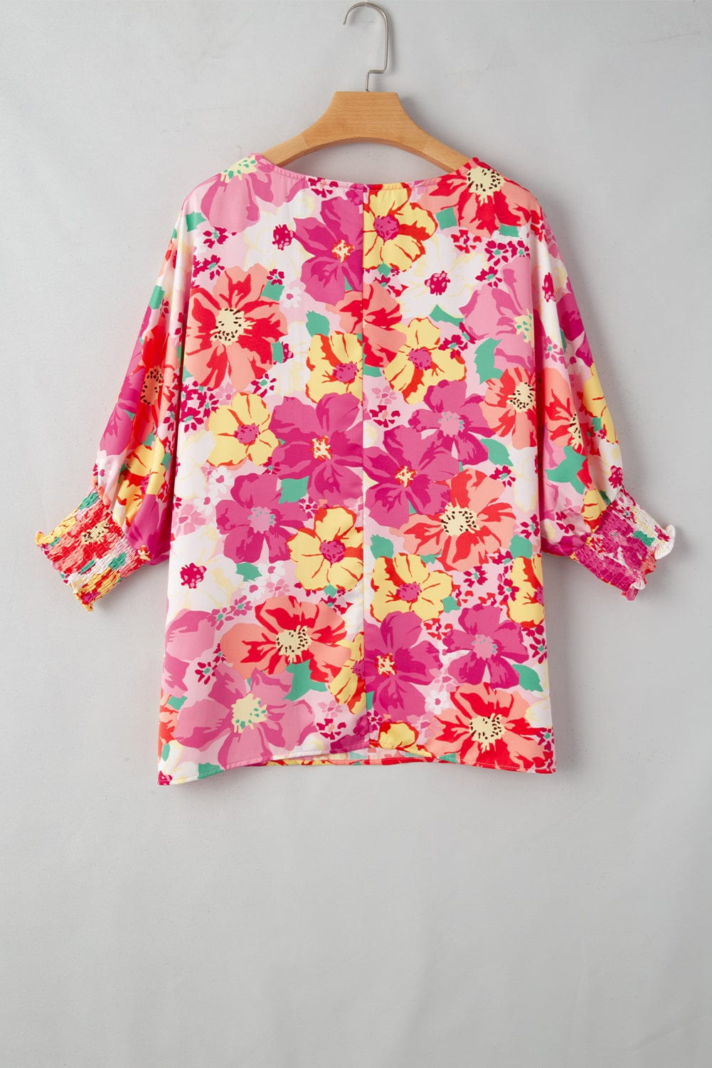 Floral Pink Bohemian Blouse with Shirred Sleeve Detail