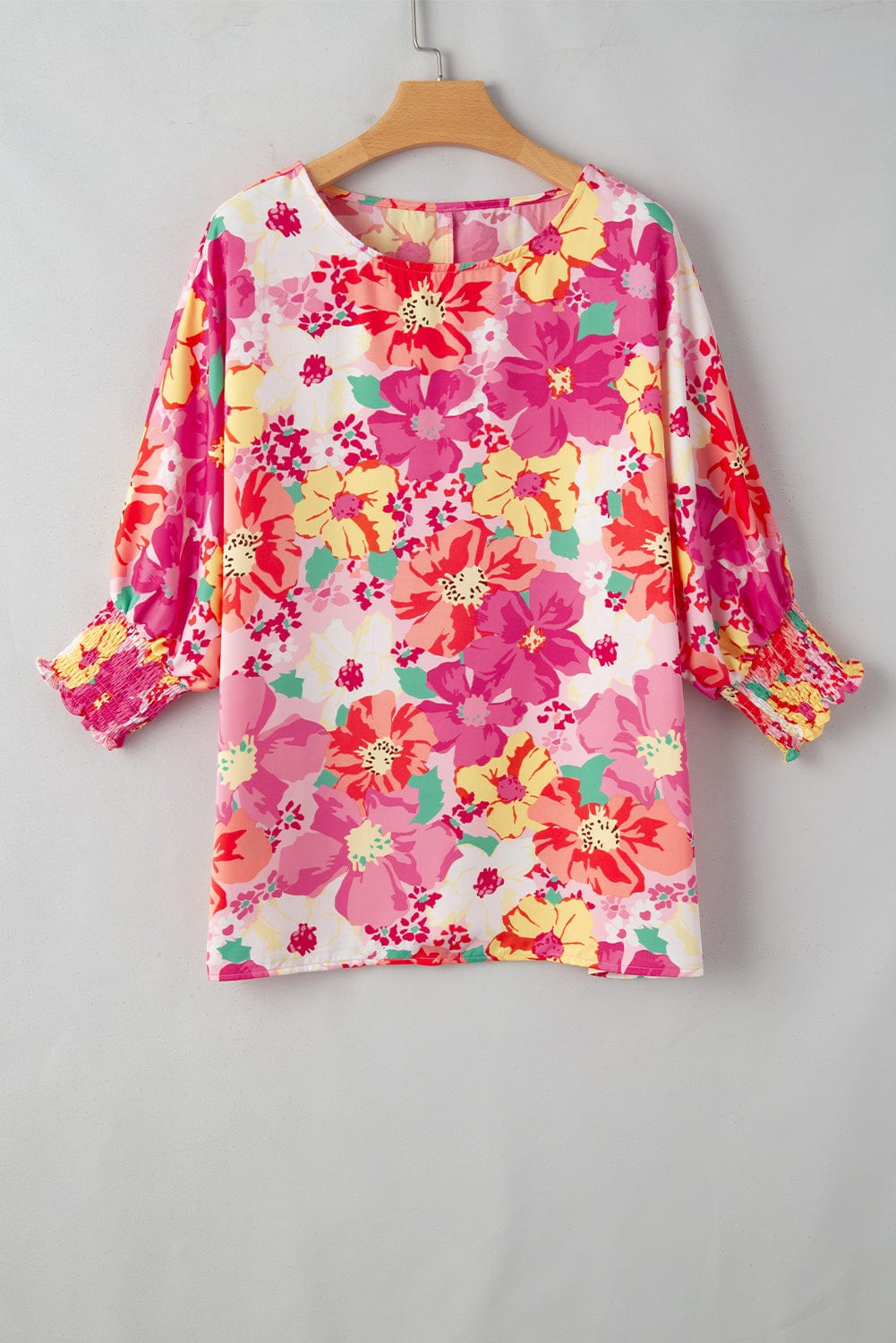 Floral Pink Bohemian Blouse with Shirred Sleeve Detail