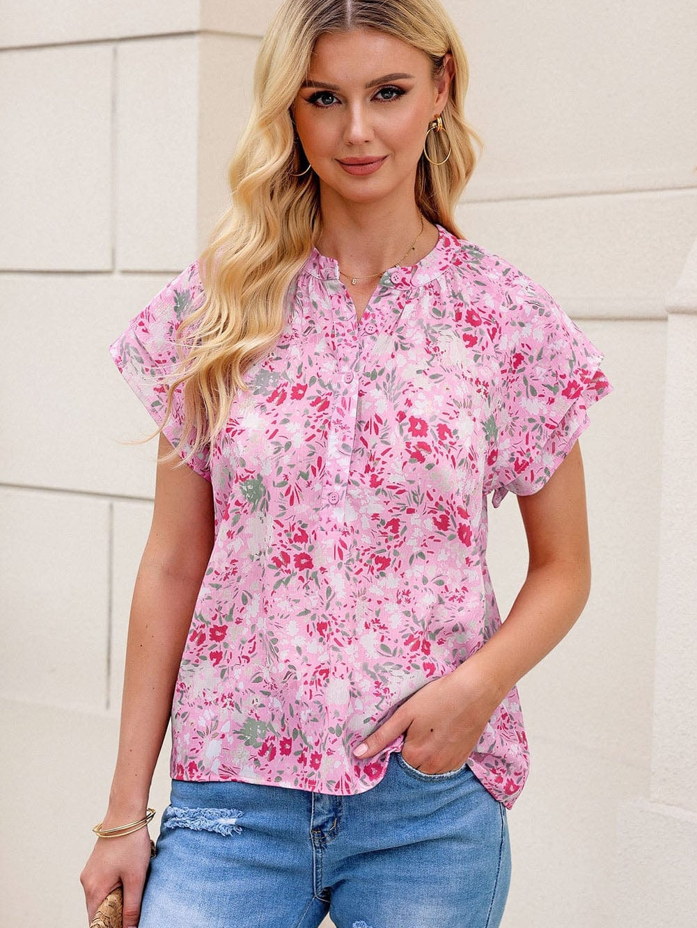 Floral Pink Mandarin Collar Blouse