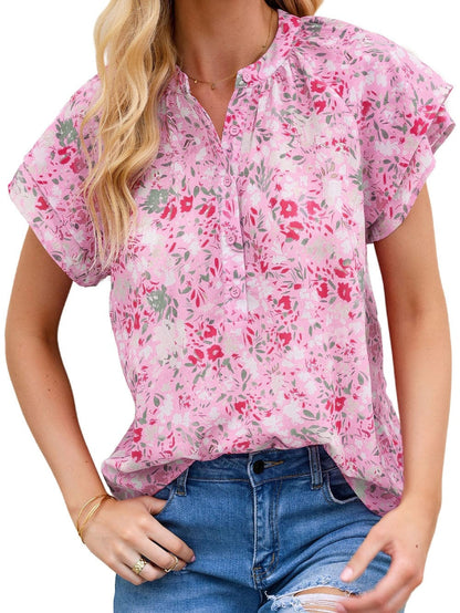 Floral Pink Mandarin Collar Blouse