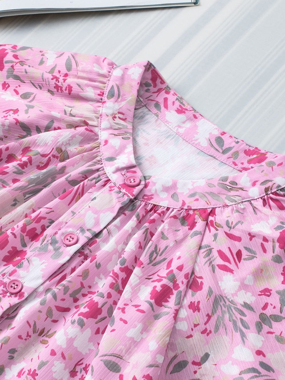 Floral Pink Mandarin Collar Blouse