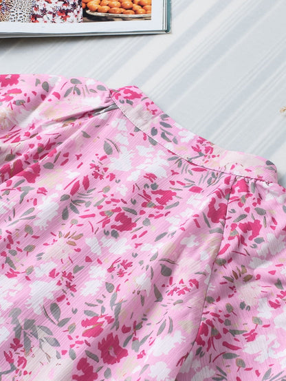 Floral Pink Mandarin Collar Blouse