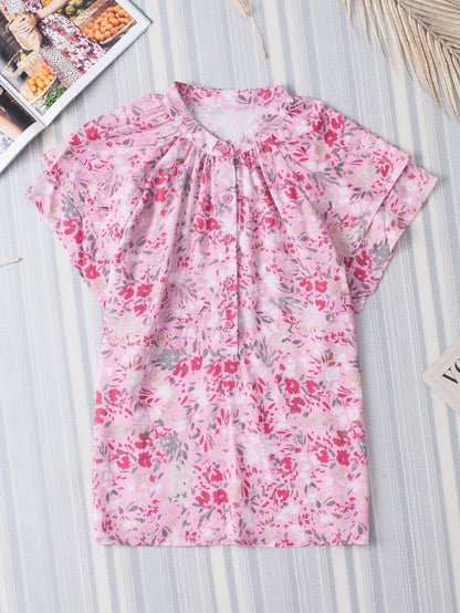 Floral Pink Mandarin Collar Blouse