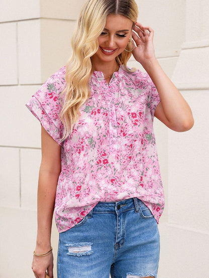 Floral Pink Mandarin Collar Blouse