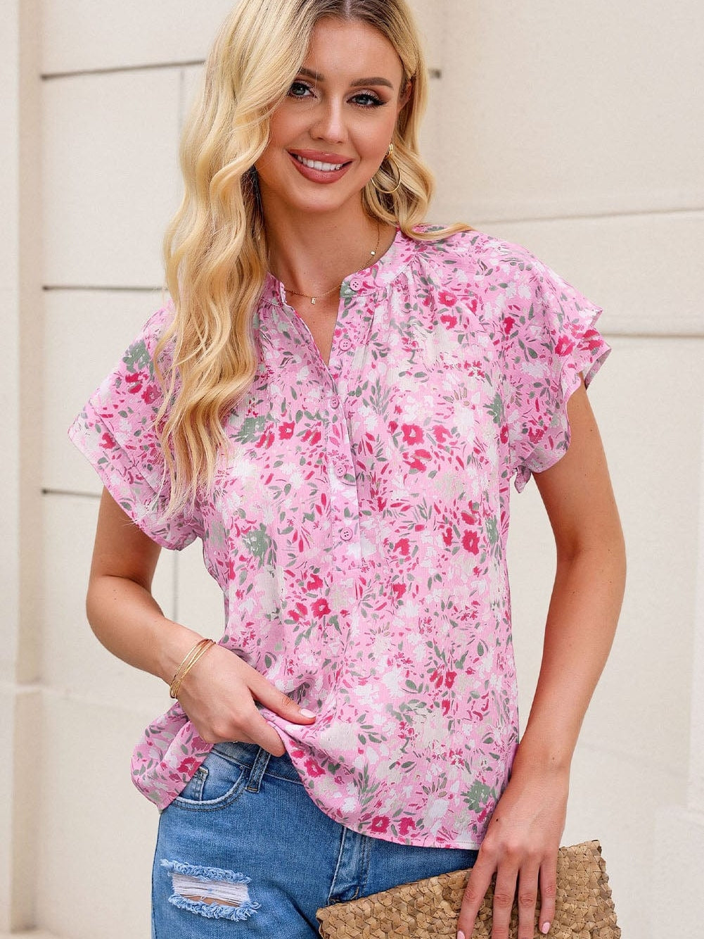 Floral Pink Mandarin Collar Blouse