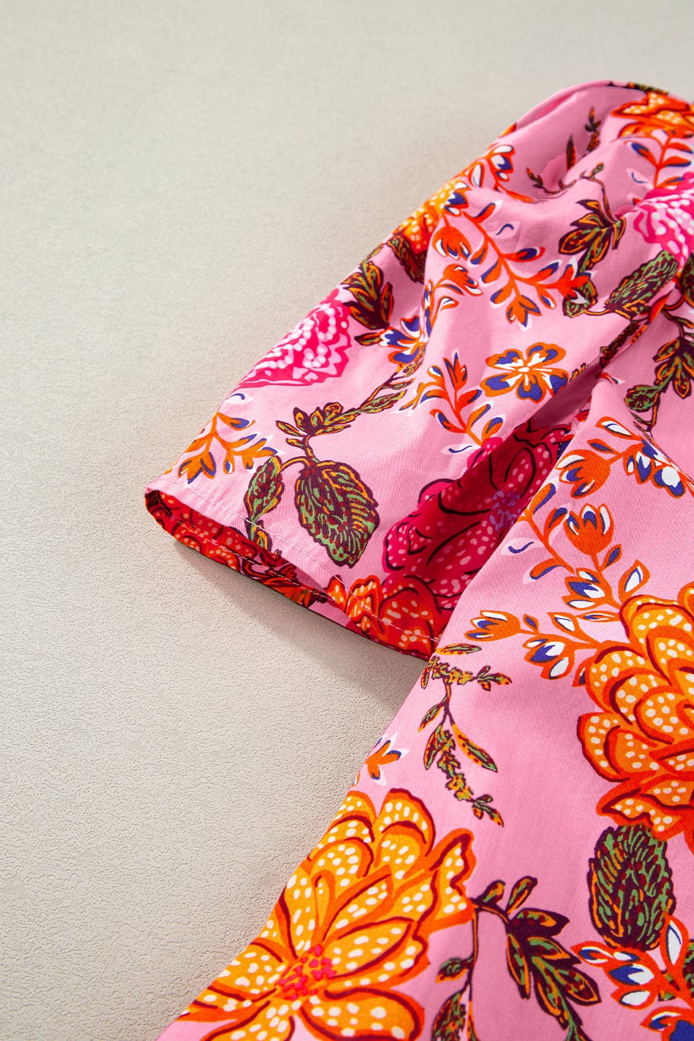 Floral Pink Ruffle Mini Dress with Bubble Sleeves and V-Neck