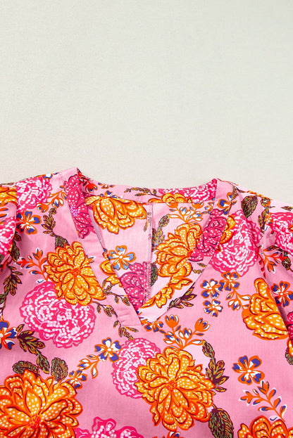 Floral Pink Ruffle Mini Dress with Bubble Sleeves and V-Neck