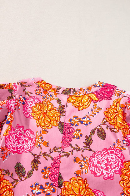 Floral Pink Ruffle Mini Dress with Bubble Sleeves and V-Neck