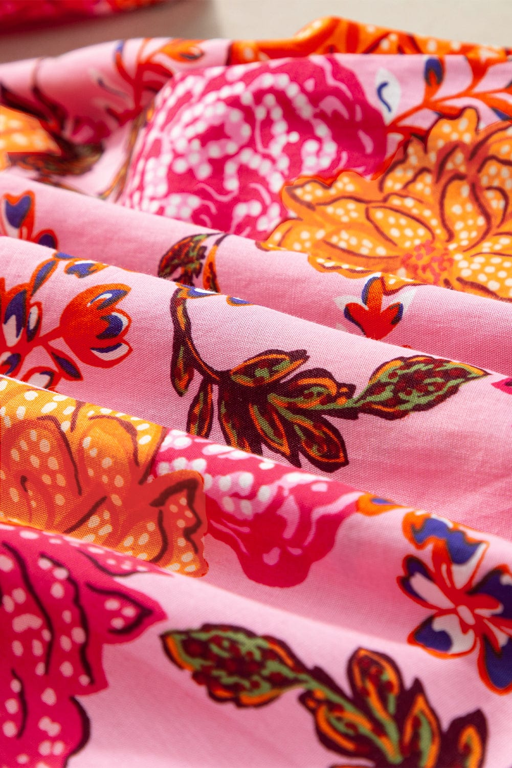 Floral Pink Ruffle Mini Dress with Bubble Sleeves and V-Neck