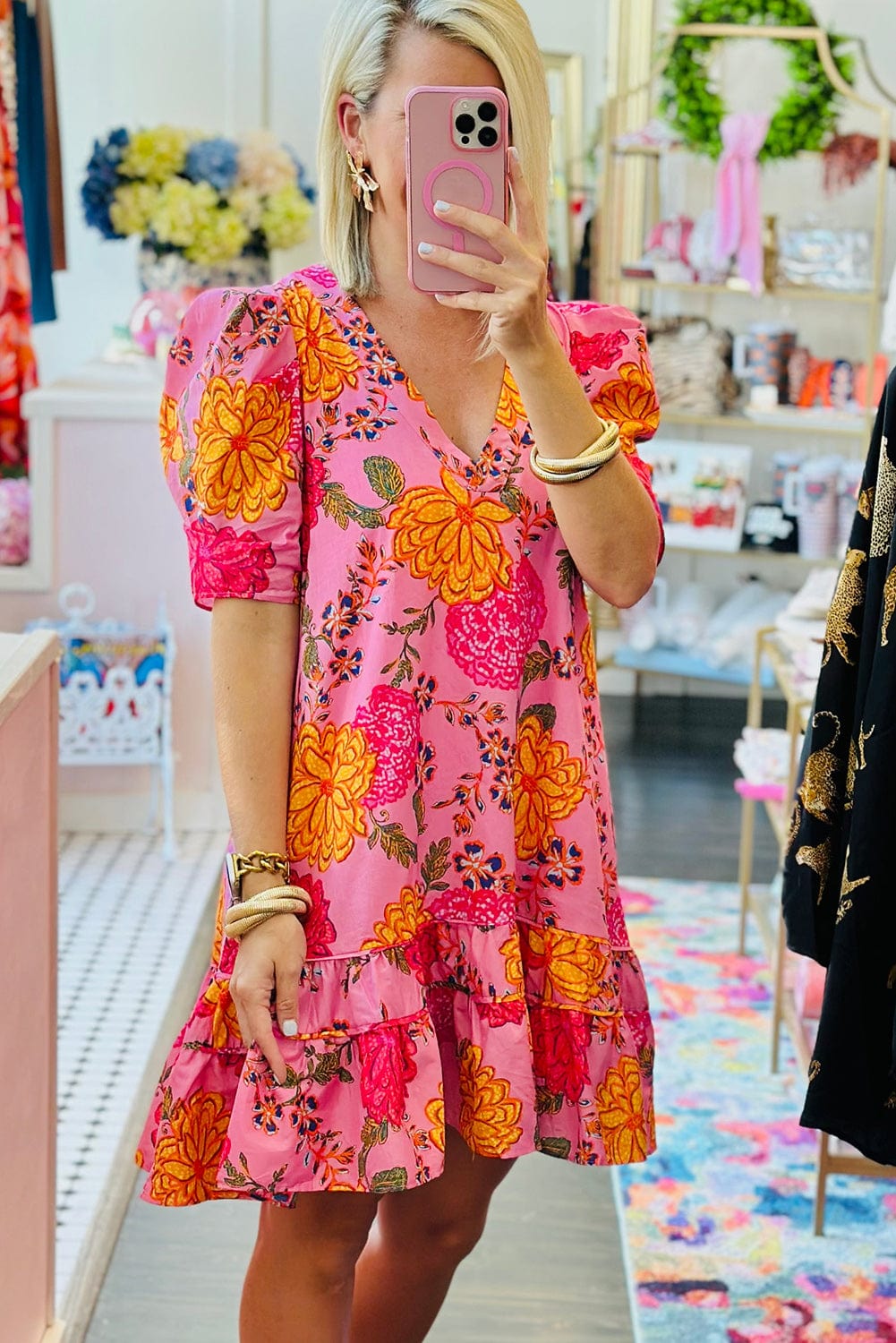 Floral Pink Ruffle Mini Dress with Bubble Sleeves and V-Neck