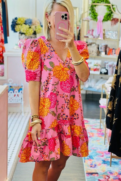 Floral Pink Ruffle Mini Dress with Bubble Sleeves and V-Neck